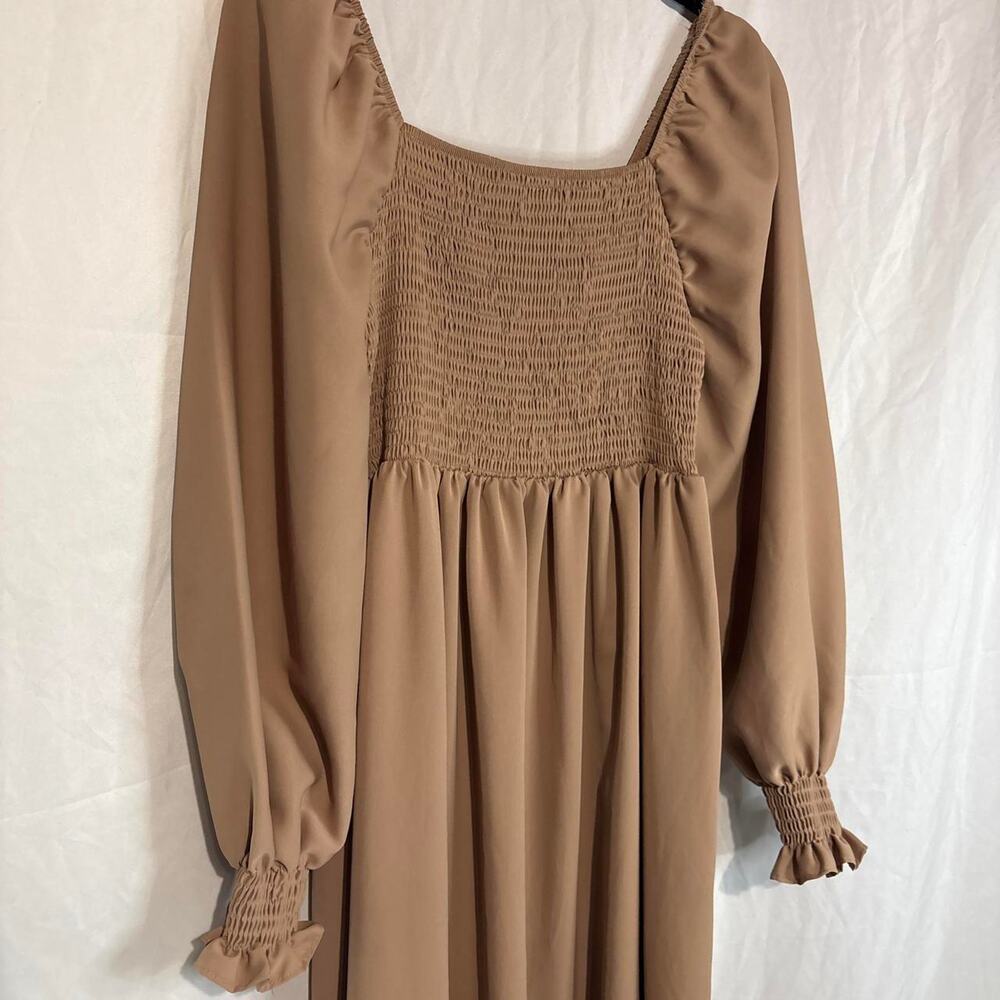Tan Maxi Dress with runched top, ruffle hem, long sleeves,ruffle sleeves,